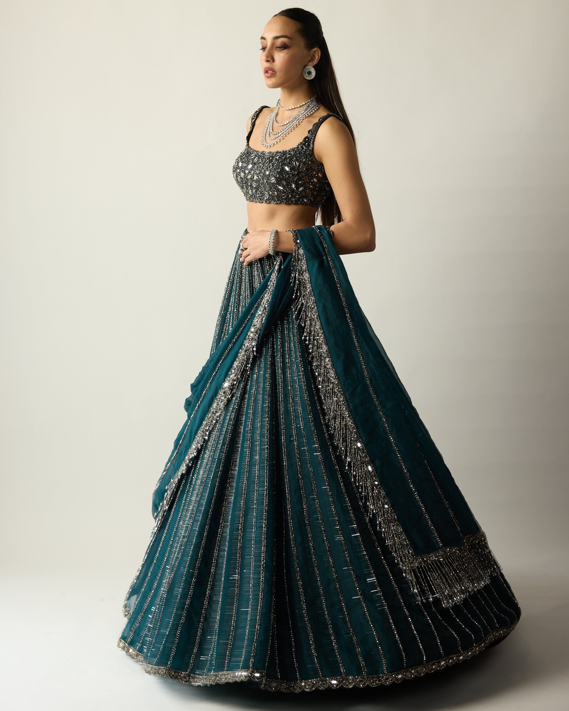 Dark Teal Linear Lehenga Set