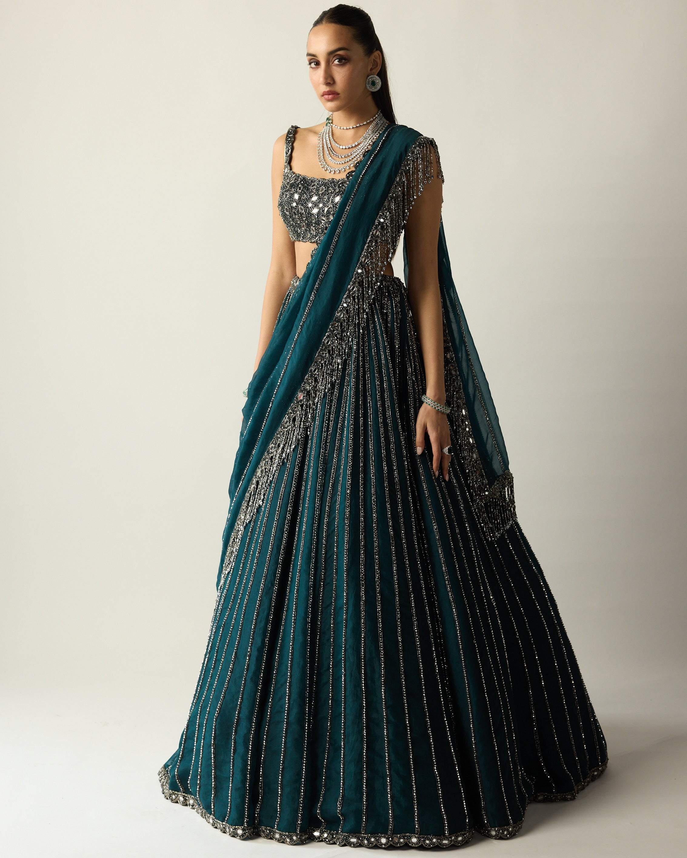 Dark Teal Linear Lehenga Set