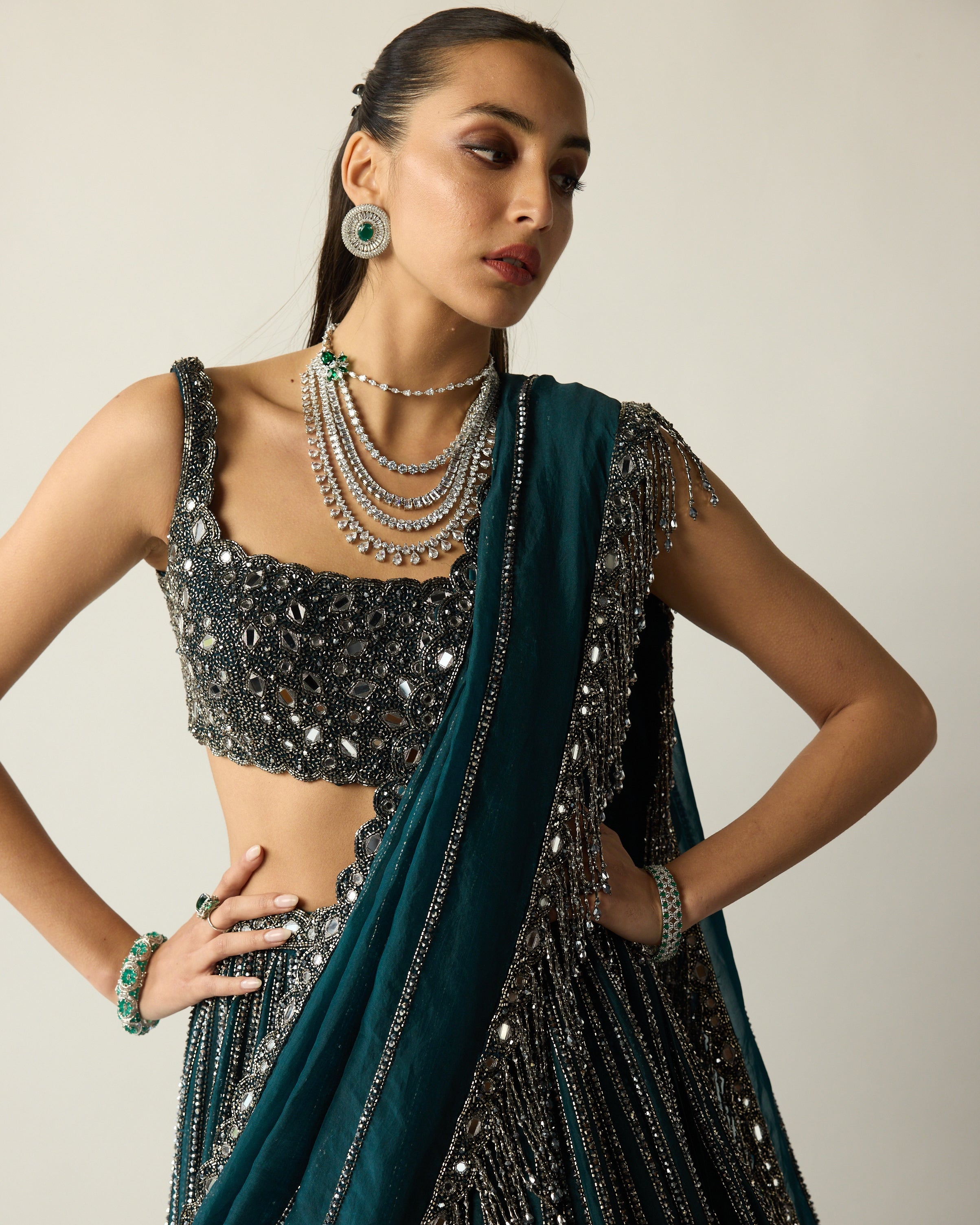 Dark Teal Linear Lehenga Set