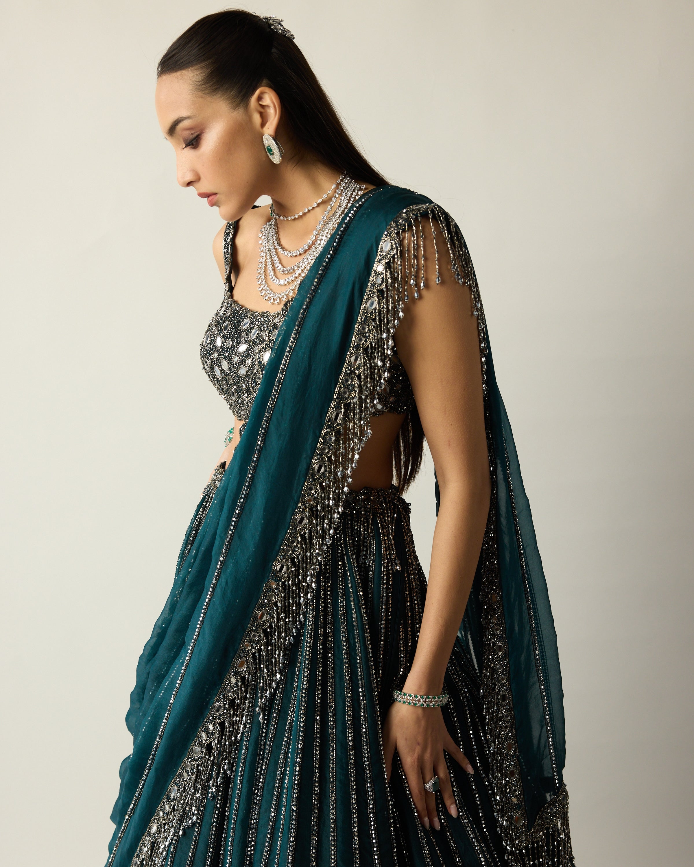 Dark Teal Linear Lehenga Set