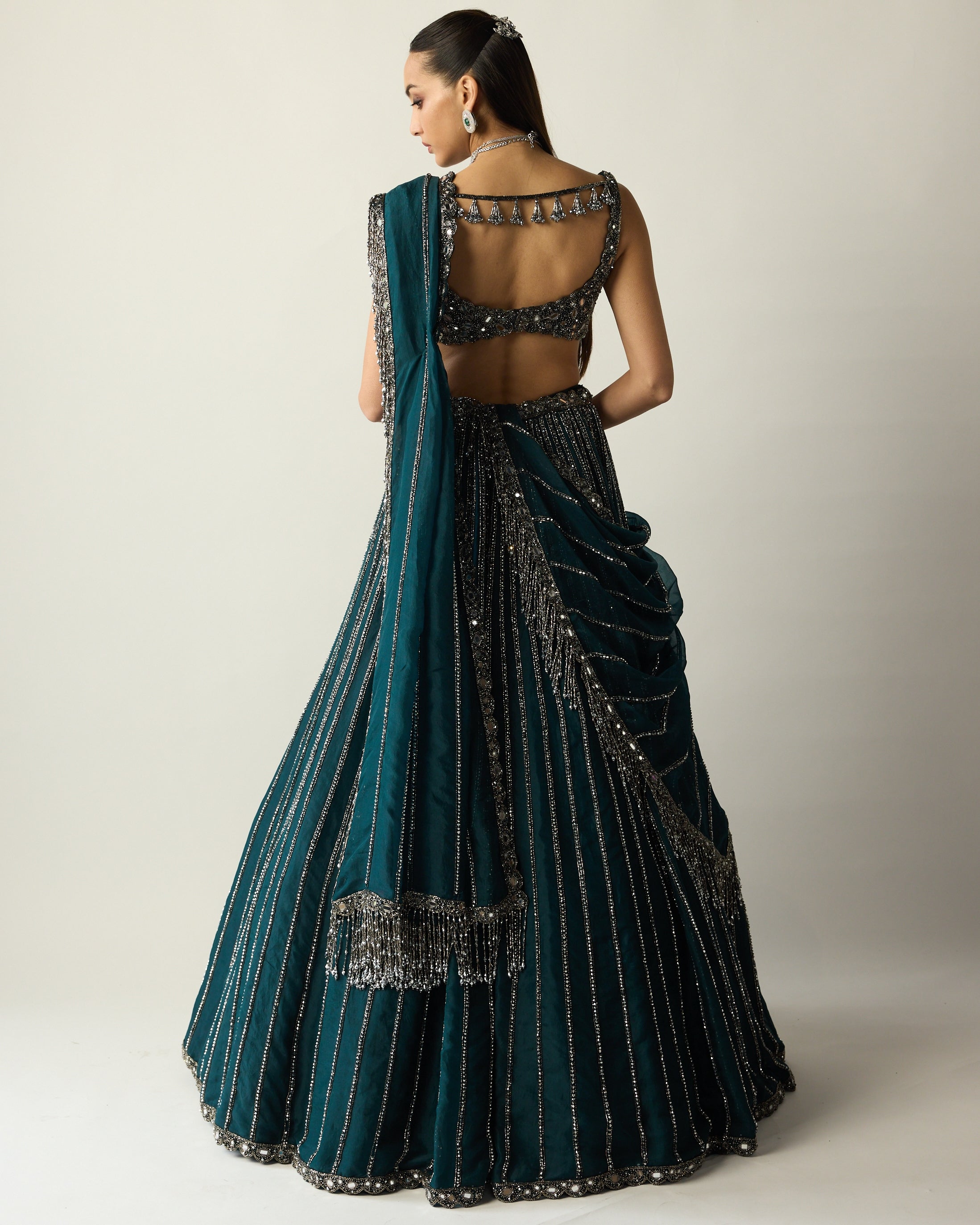 Dark Teal Linear Lehenga Set