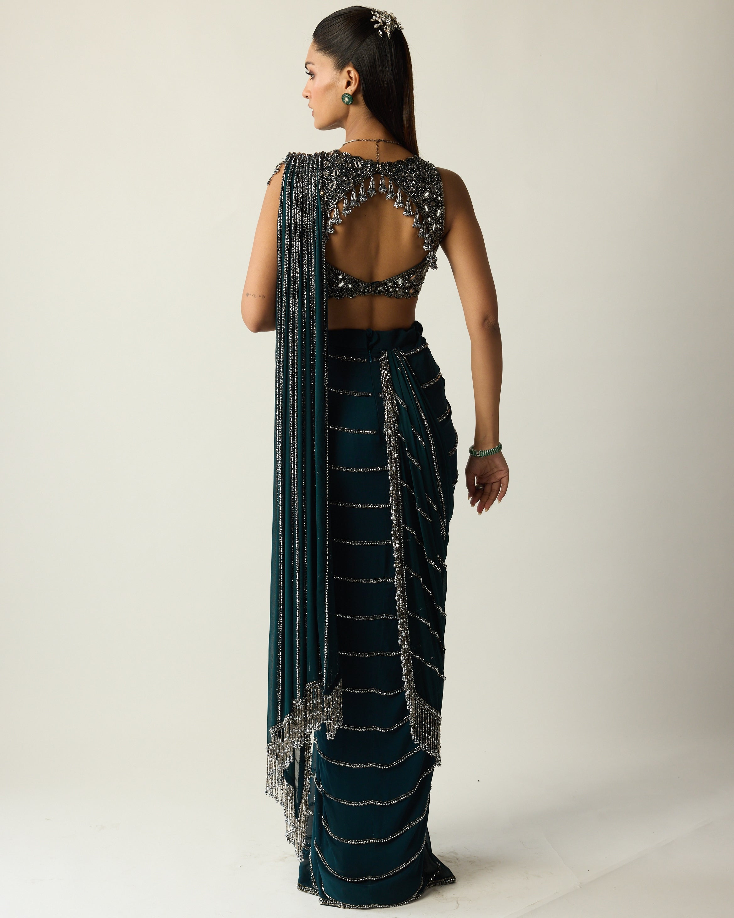 Dark Teal Linear Draped Sari