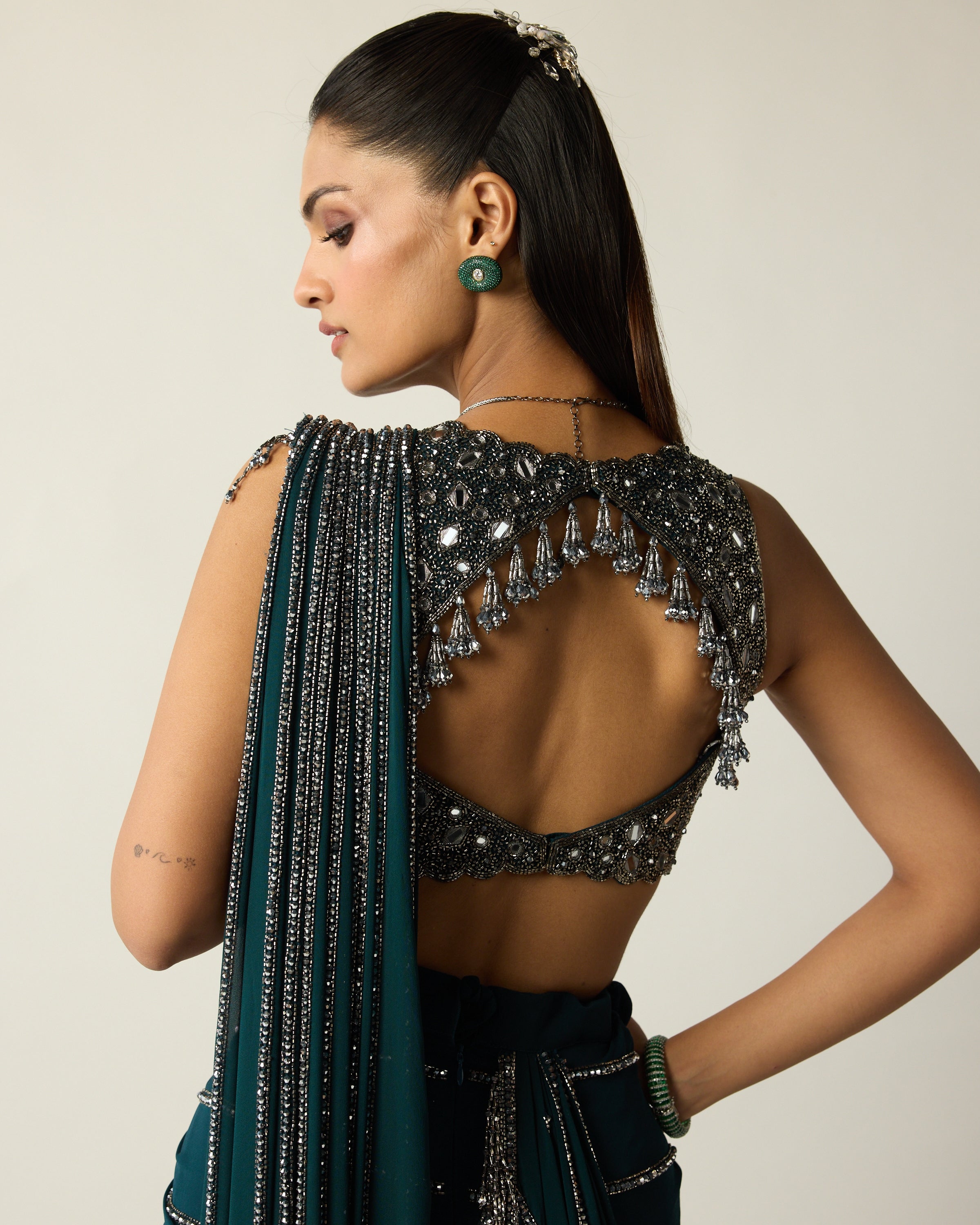 Dark Teal Linear Draped Sari