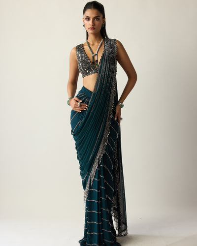 Dark Teal Linear Draped Sari