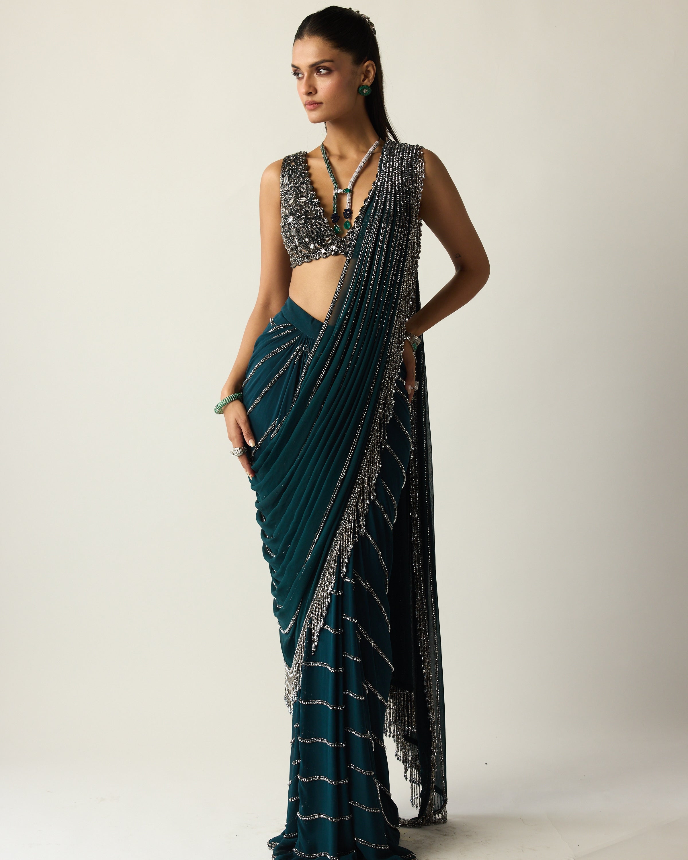 Dark Teal Linear Draped Sari