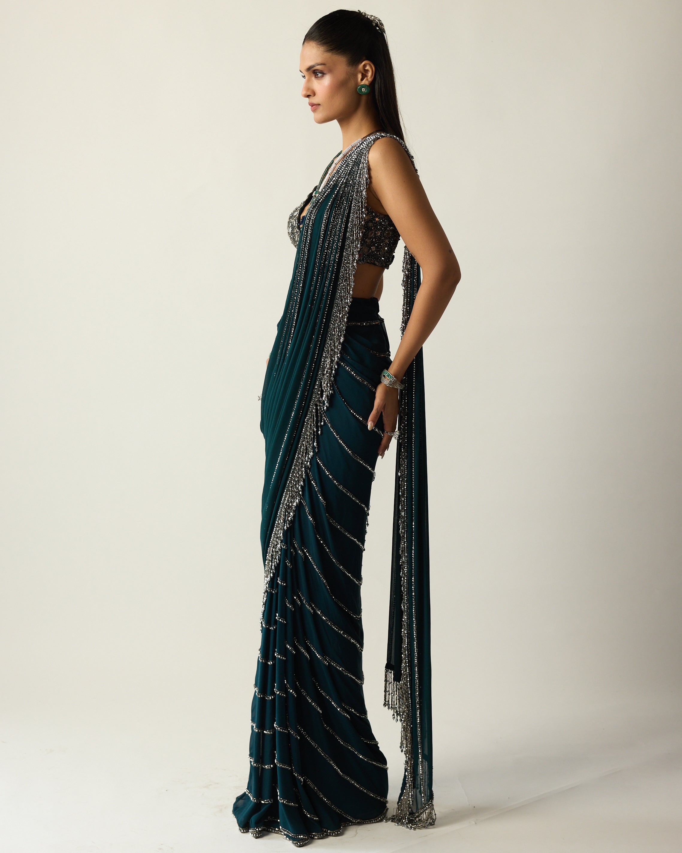 Dark Teal Linear Draped Sari
