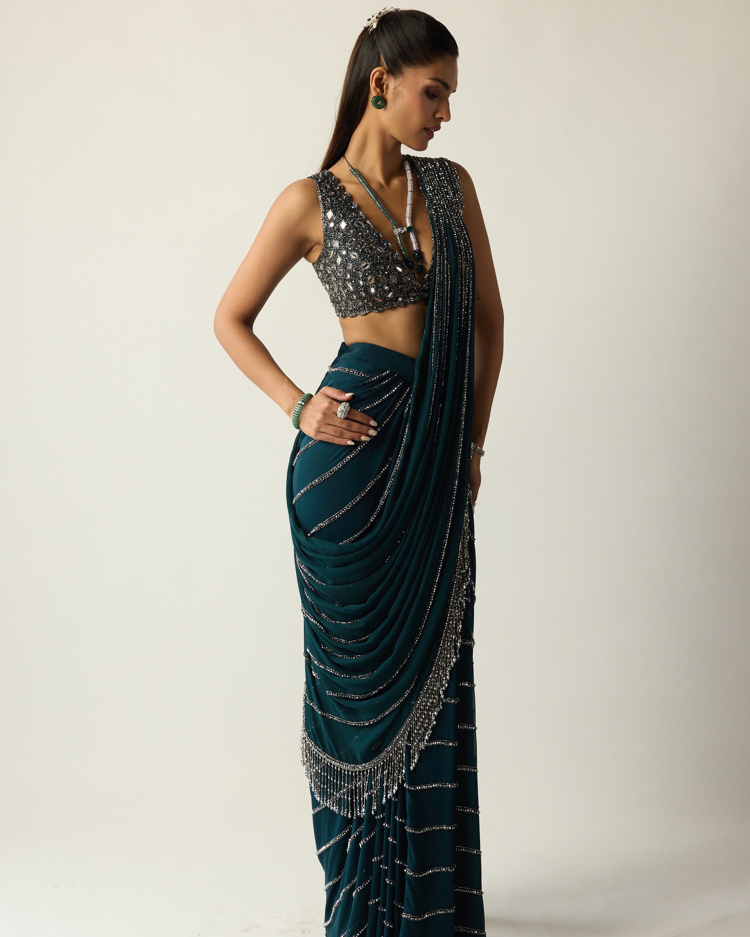 Dark Teal Linear Draped Sari