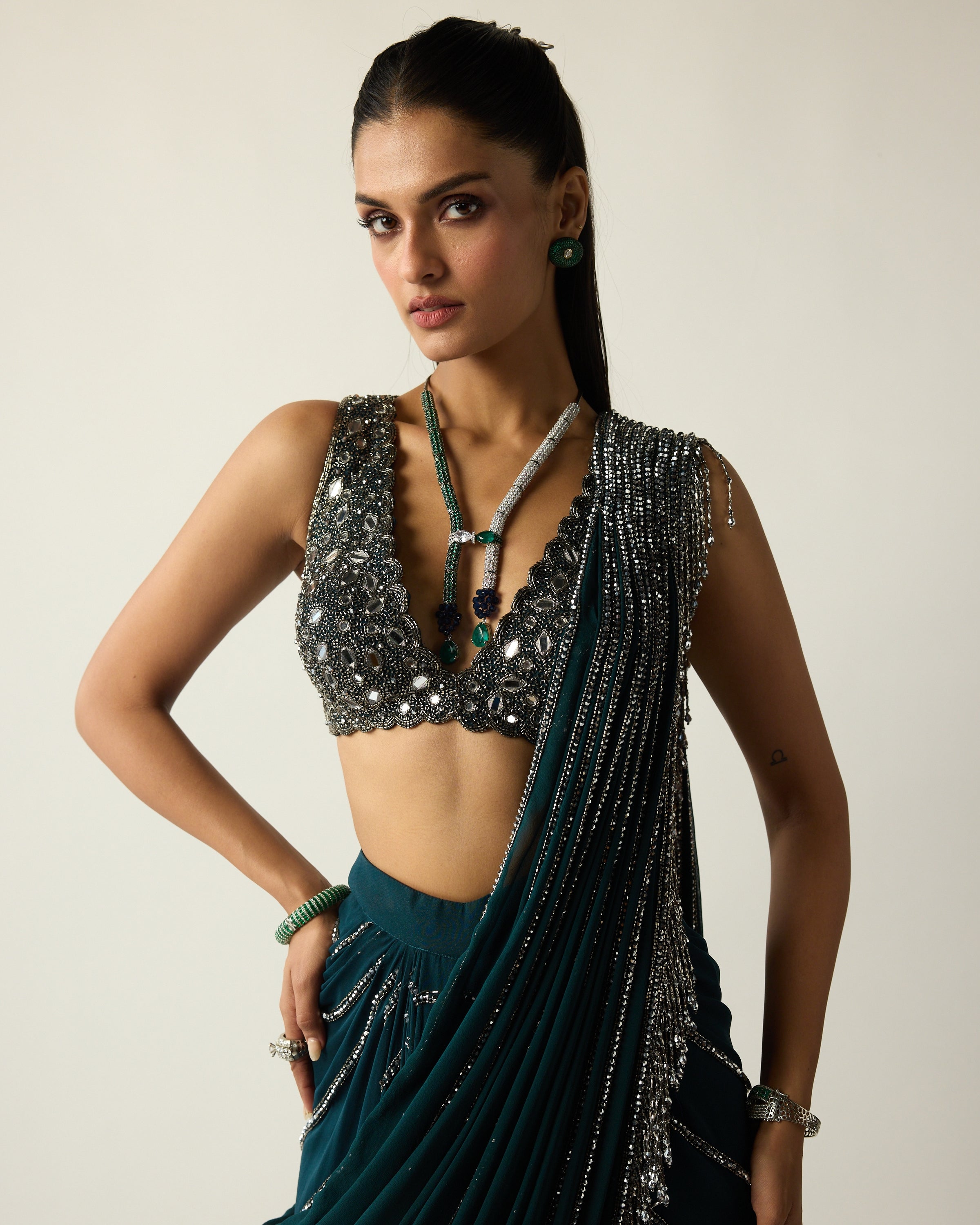 Dark Teal Linear Draped Sari