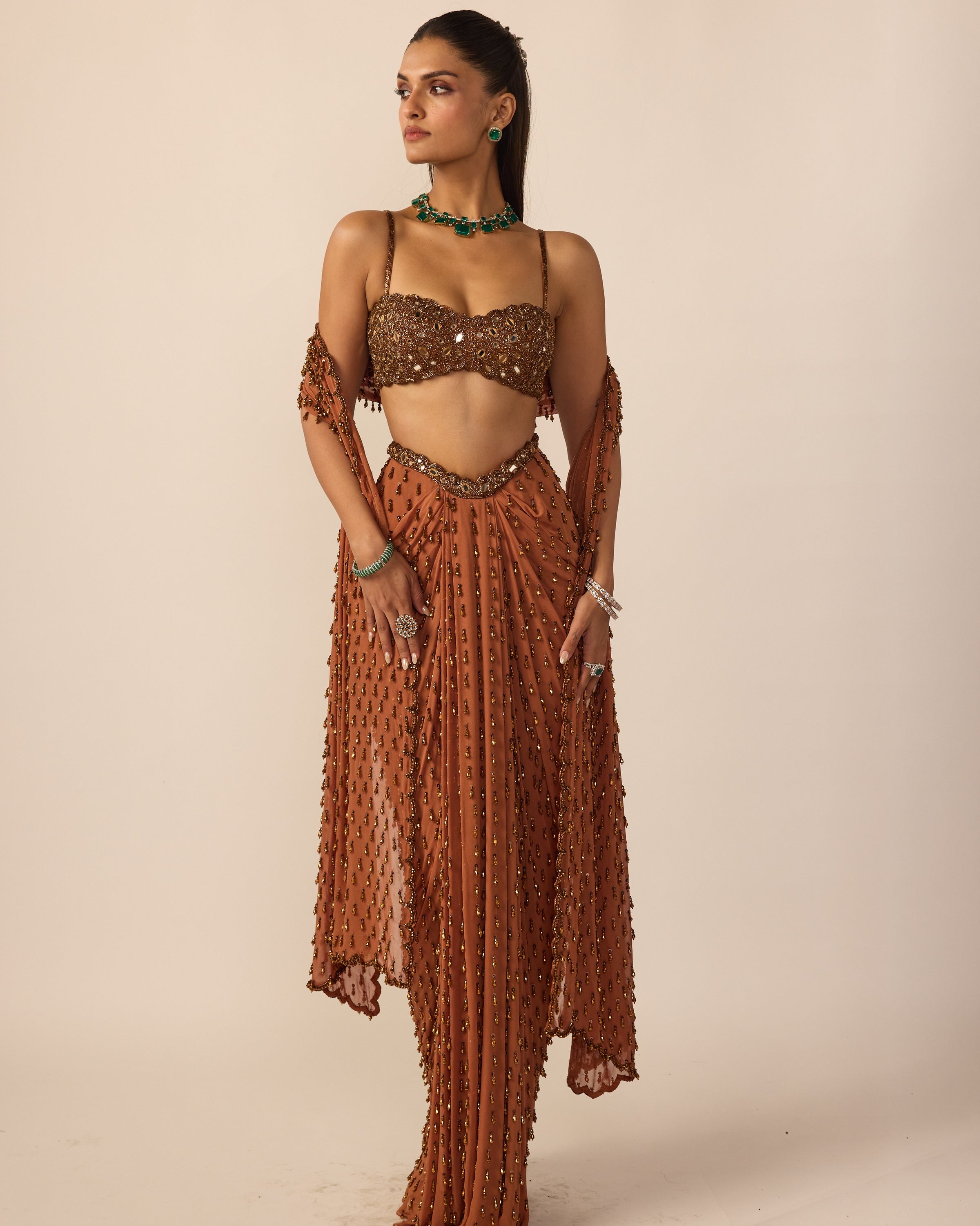 Metallic Copper Single Drop Sari Set