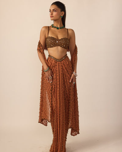 Metallic Copper Single Drop Sari Set