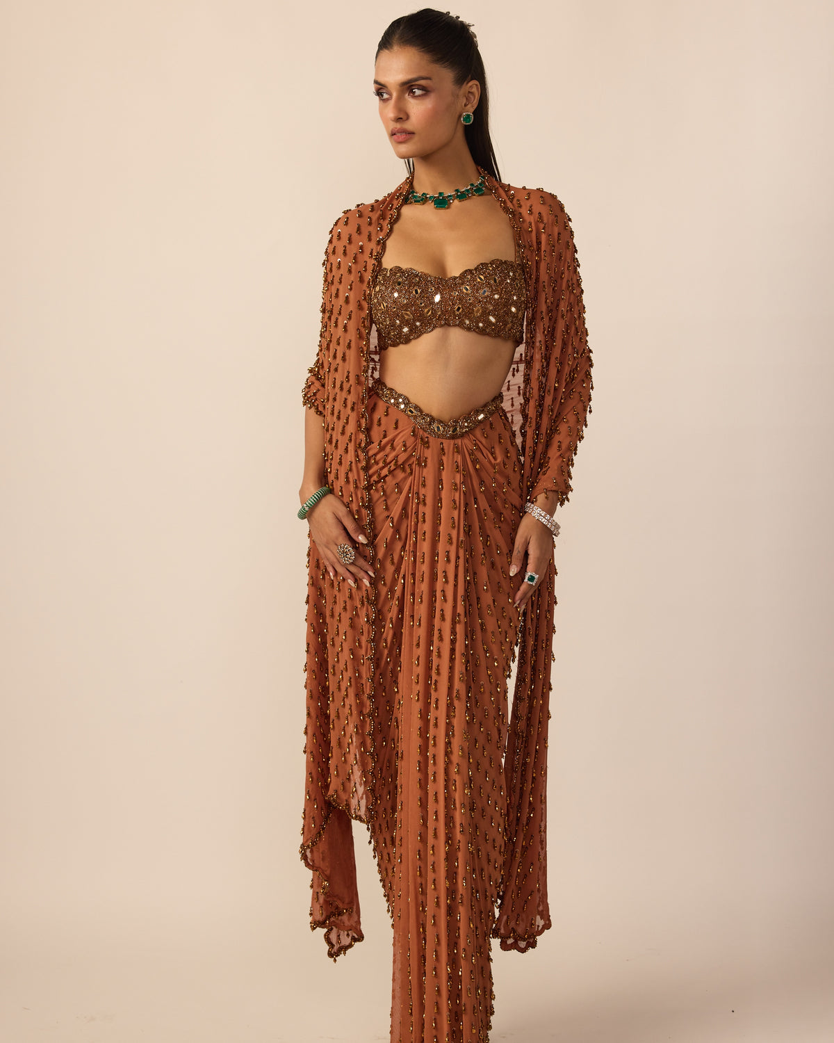 Metallic Copper Single Drop Sari Set