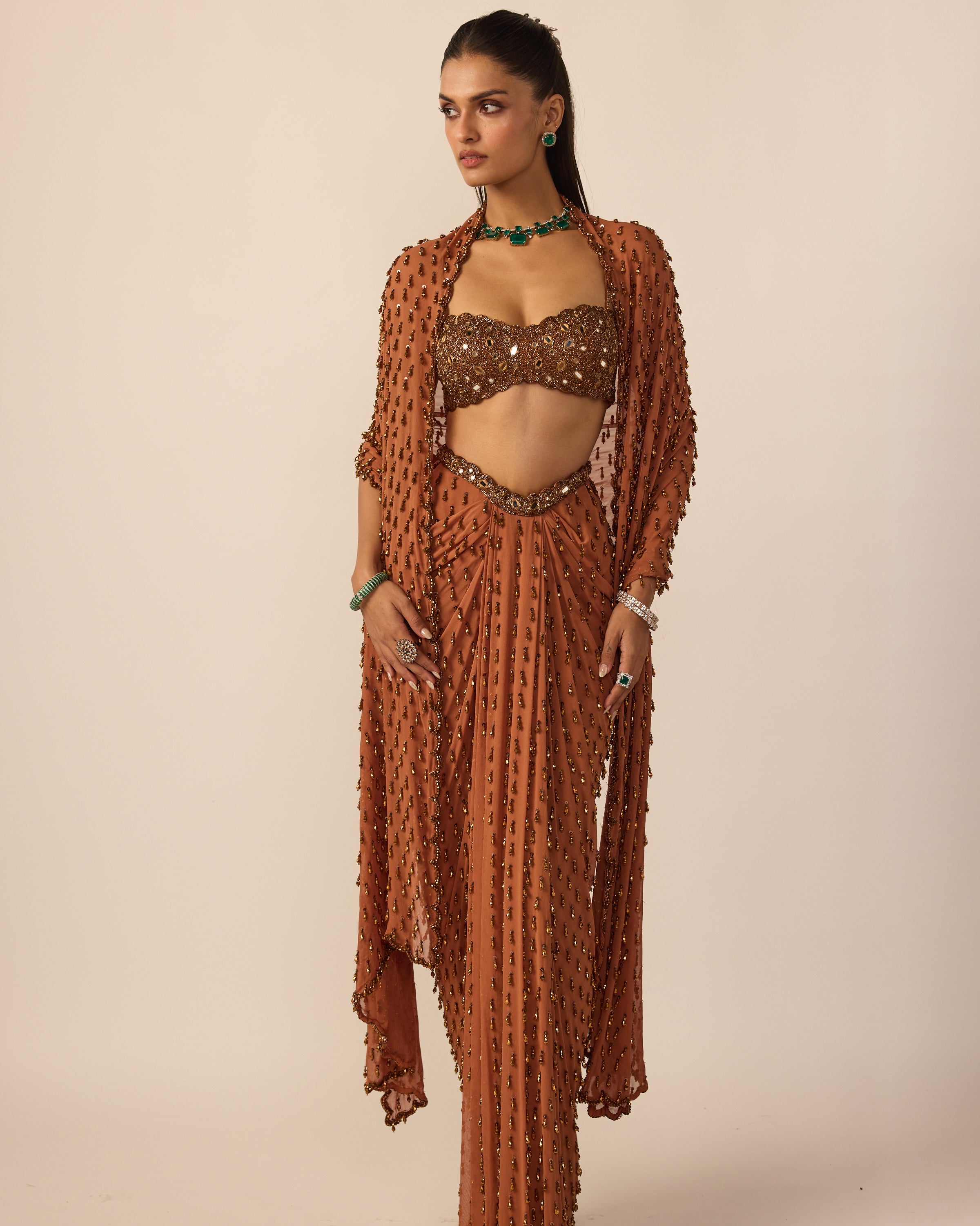Metallic Copper Single Drop Sari Set