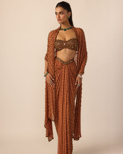 Metallic Copper Single Drop Sari Set