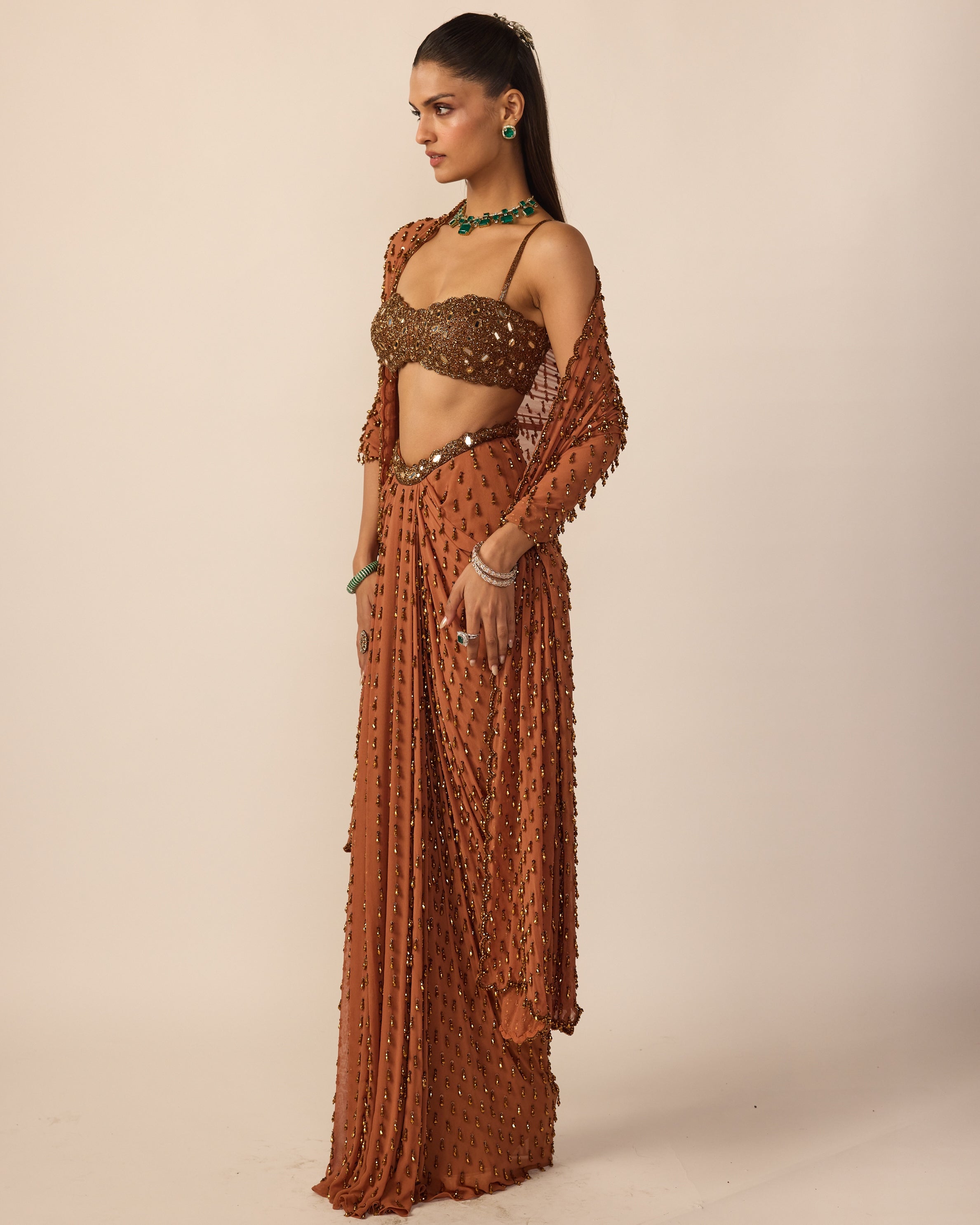 Metallic Copper Single Drop Sari Set