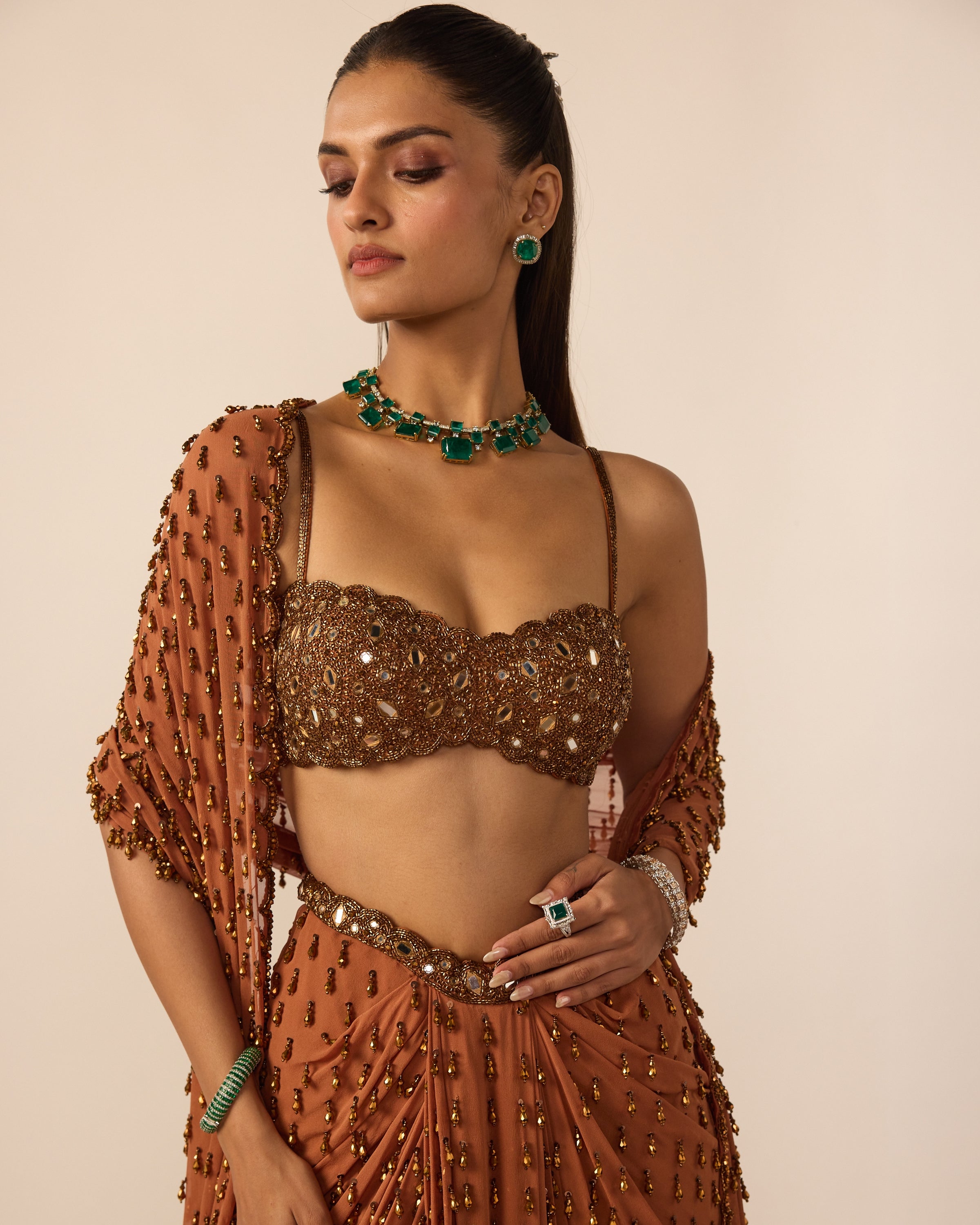 Metallic Copper Single Drop Sari Set