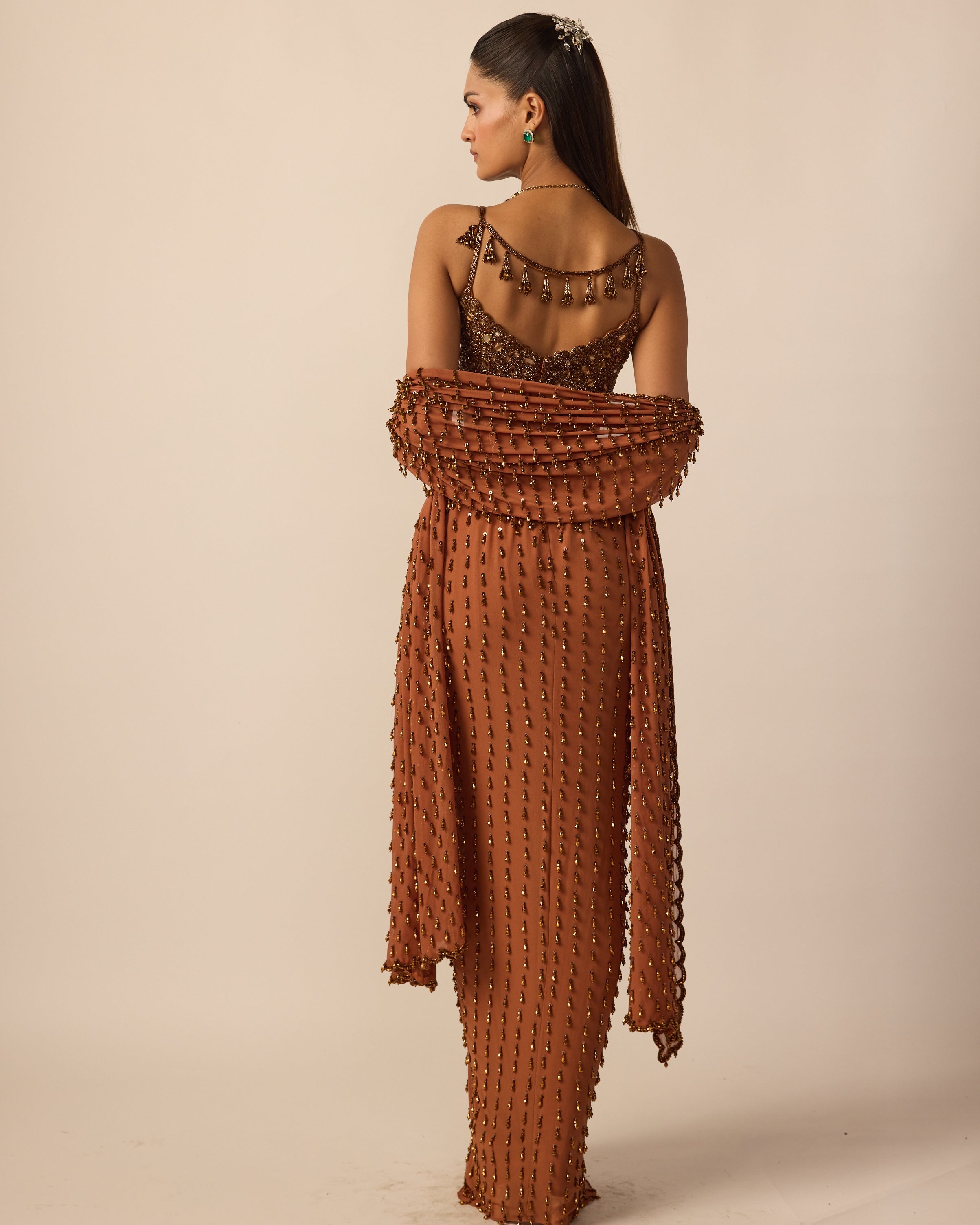 Metallic Copper Single Drop Sari Set