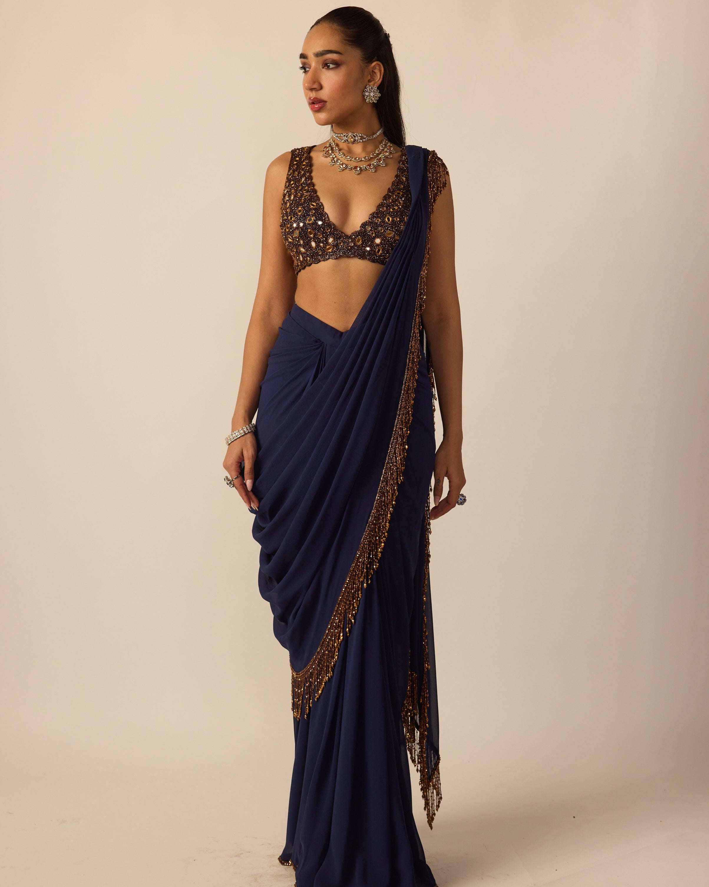 Deep Blue Georgette Tassel Sari