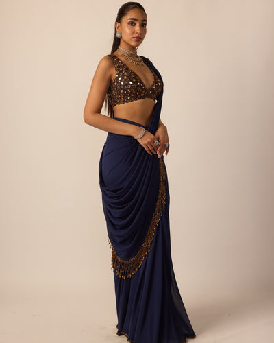Deep Blue Georgette Tassel Sari