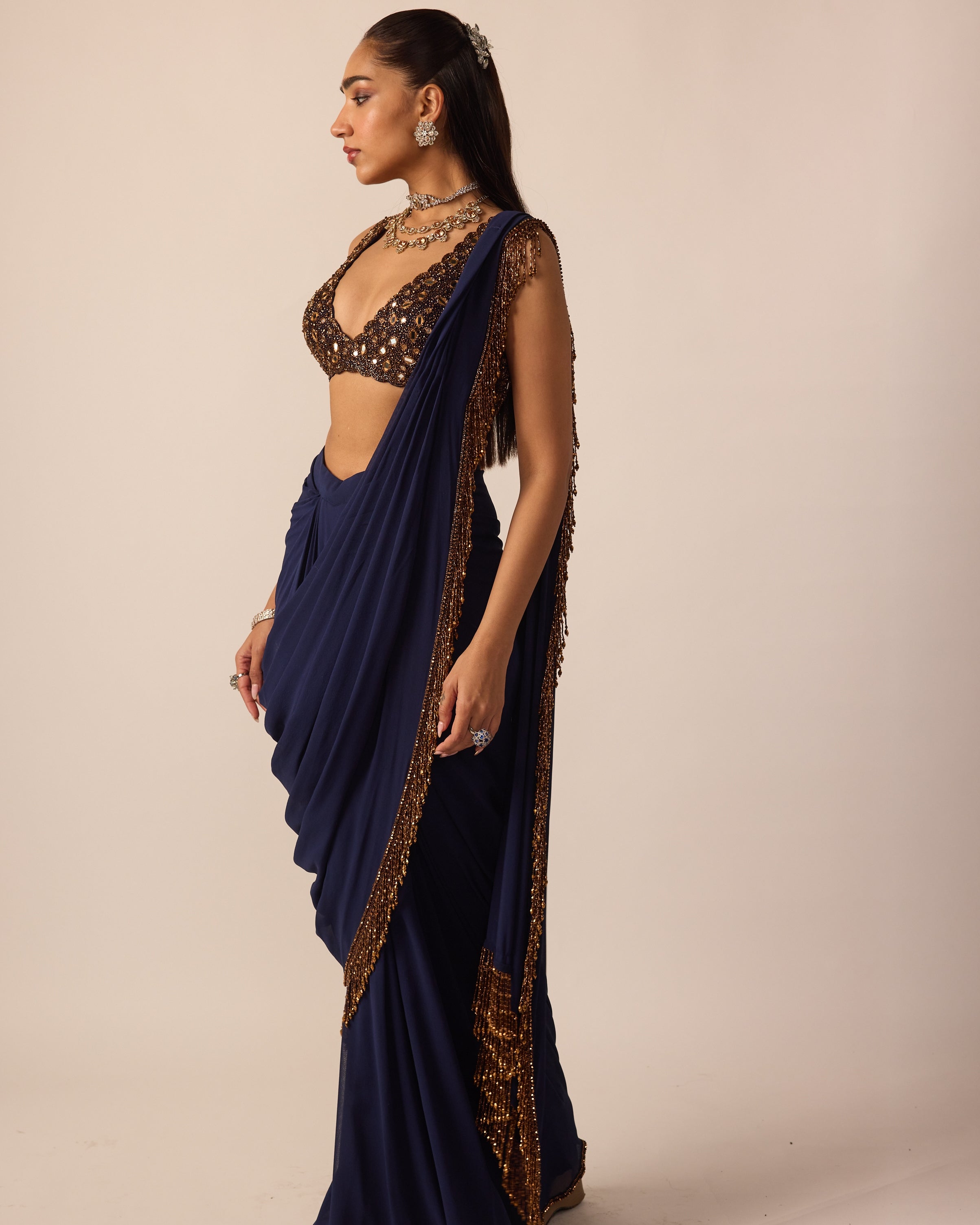 Deep Blue Georgette Tassel Sari