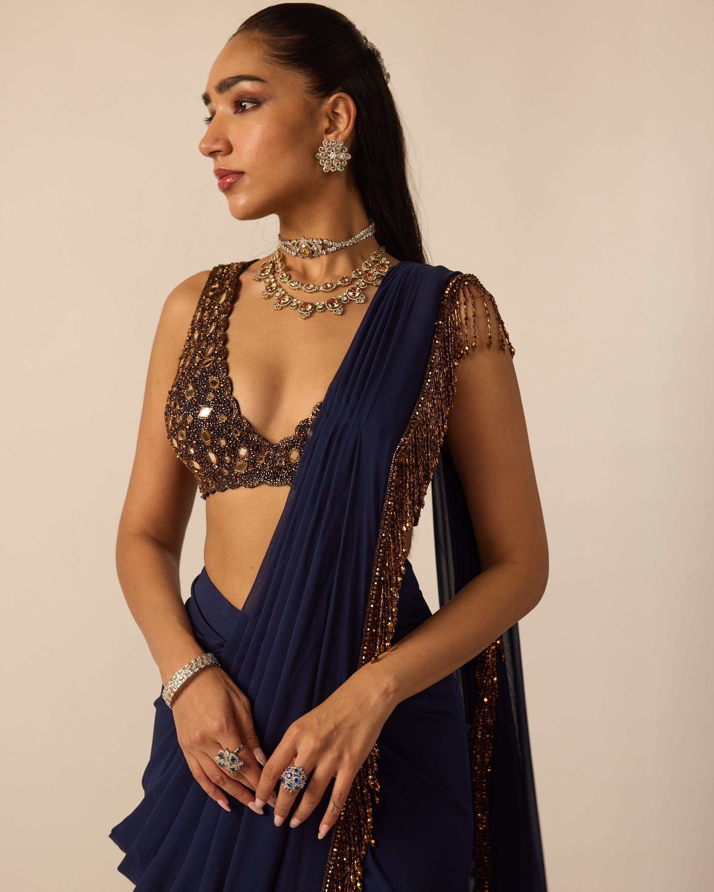 Deep Blue Georgette Tassel Sari
