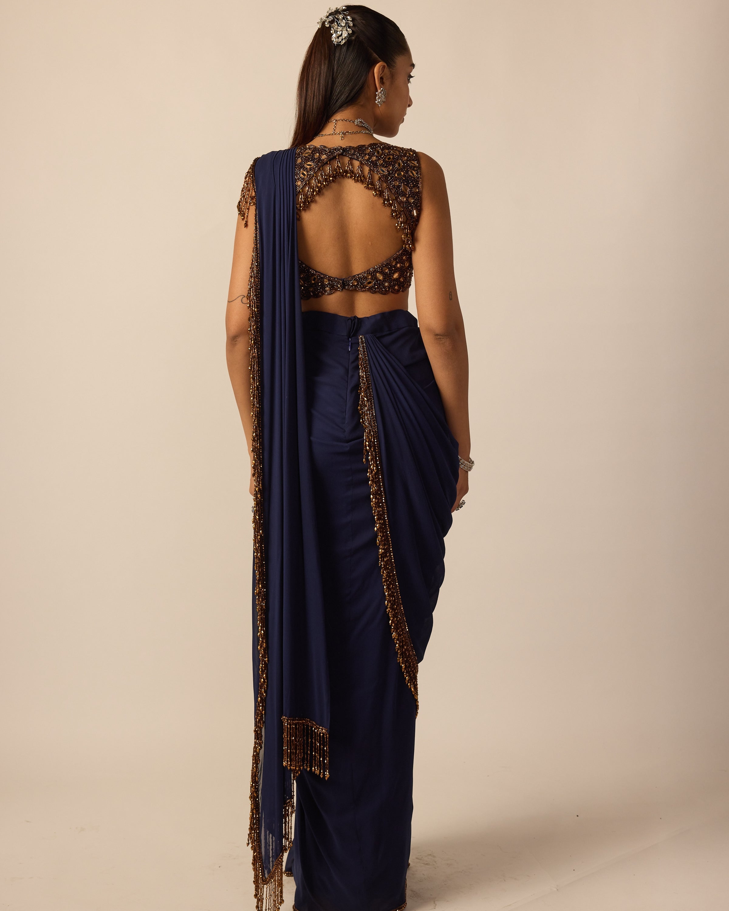 Deep Blue Georgette Tassel Sari