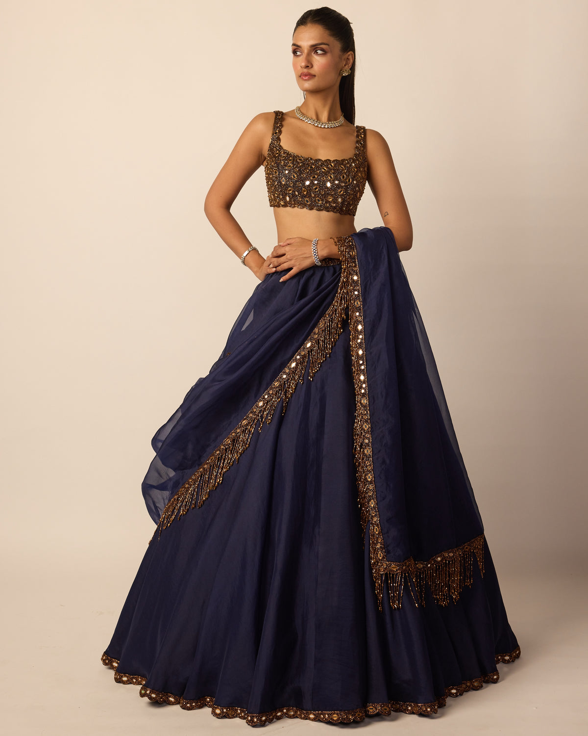 Deep Blue Tassel Dupatta Lehenga Set