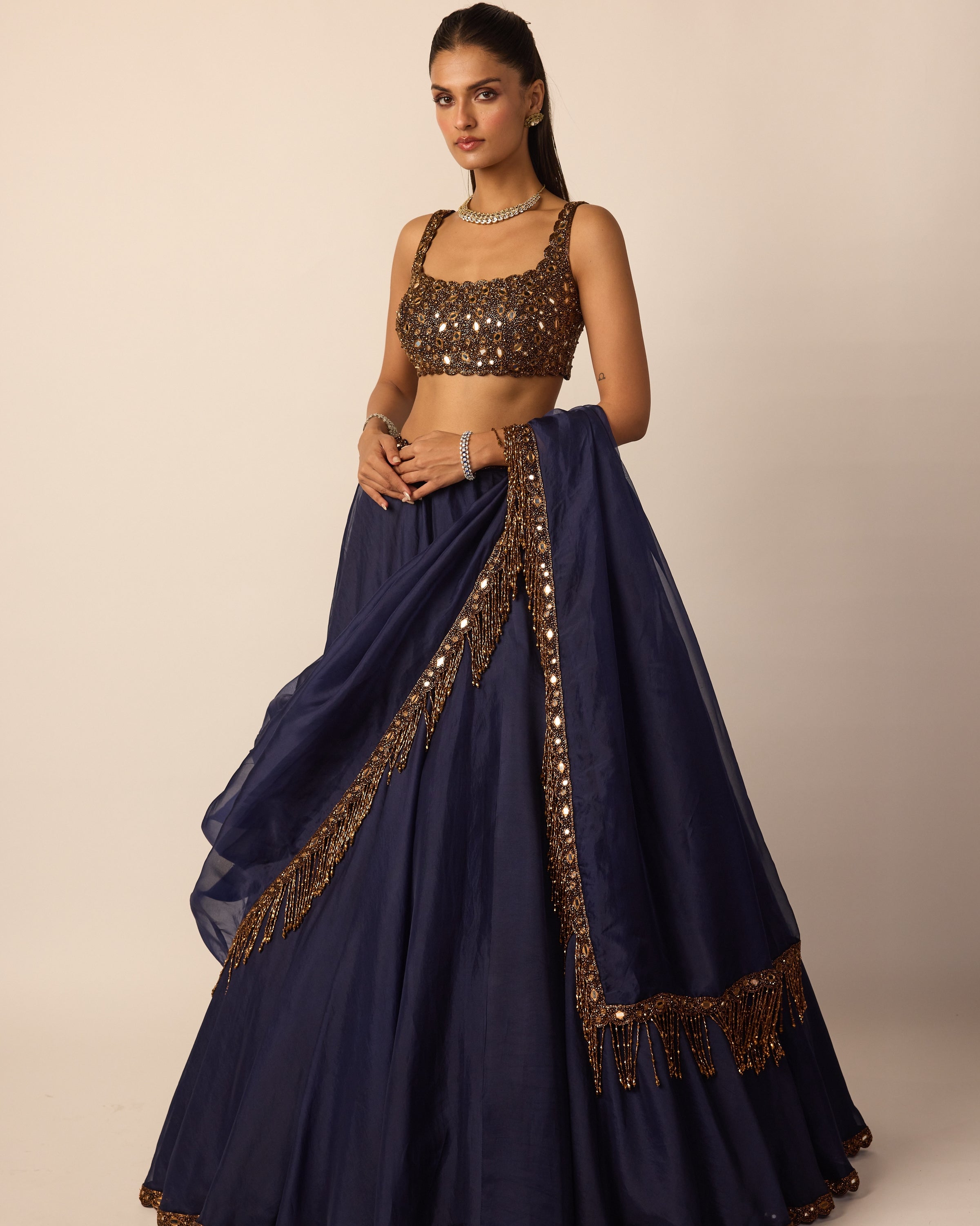 Deep Blue Tassel Dupatta Lehenga Set