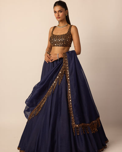 Deep Blue Tassel Dupatta Lehenga Set