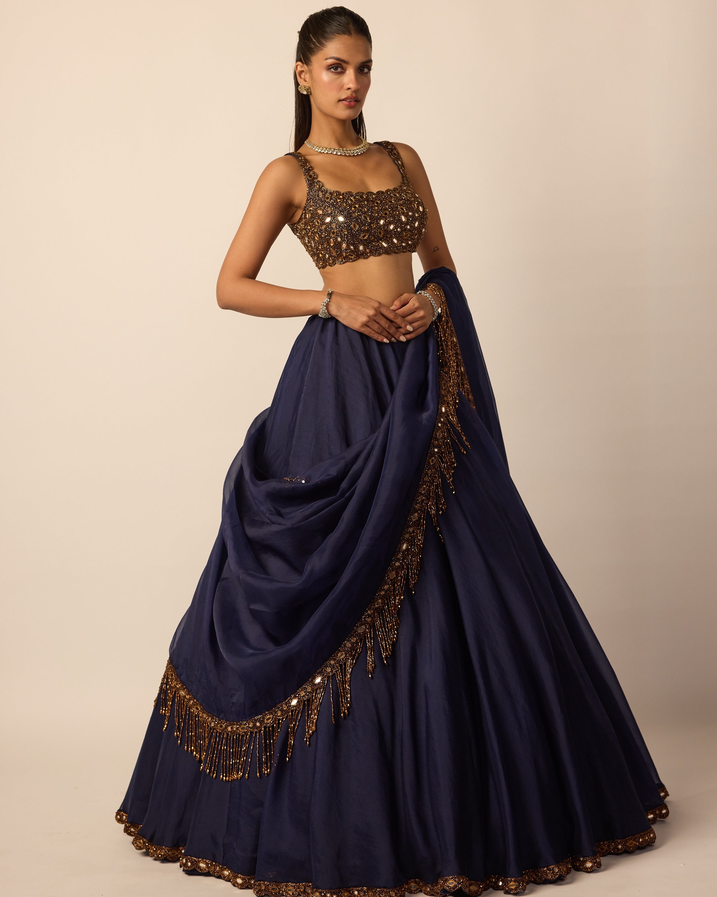 Deep Blue Tassel Dupatta Lehenga Set