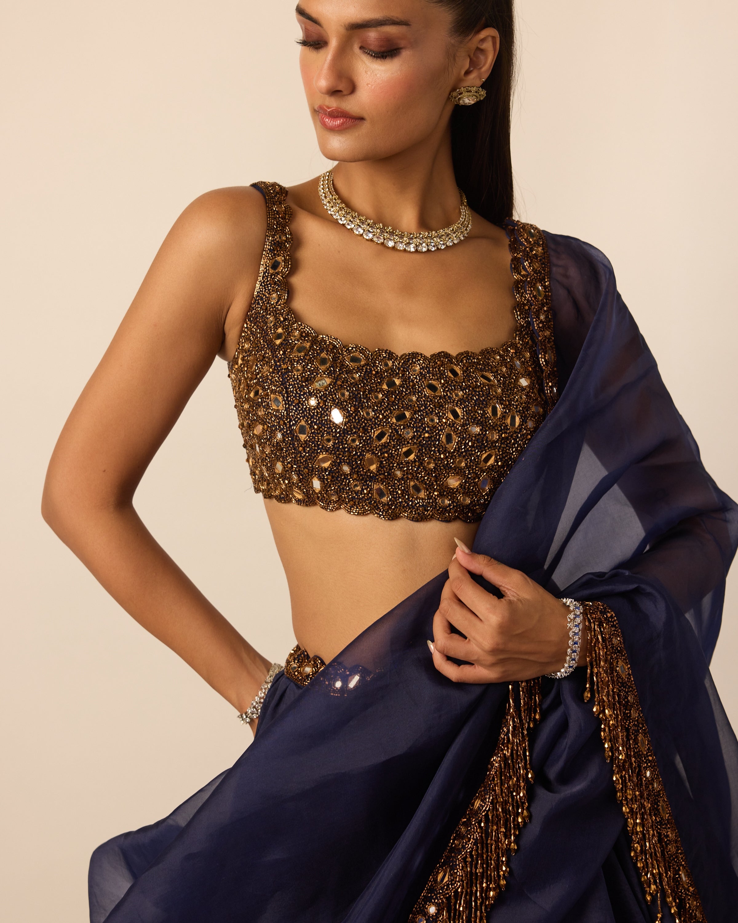 Deep Blue Tassel Dupatta Lehenga Set