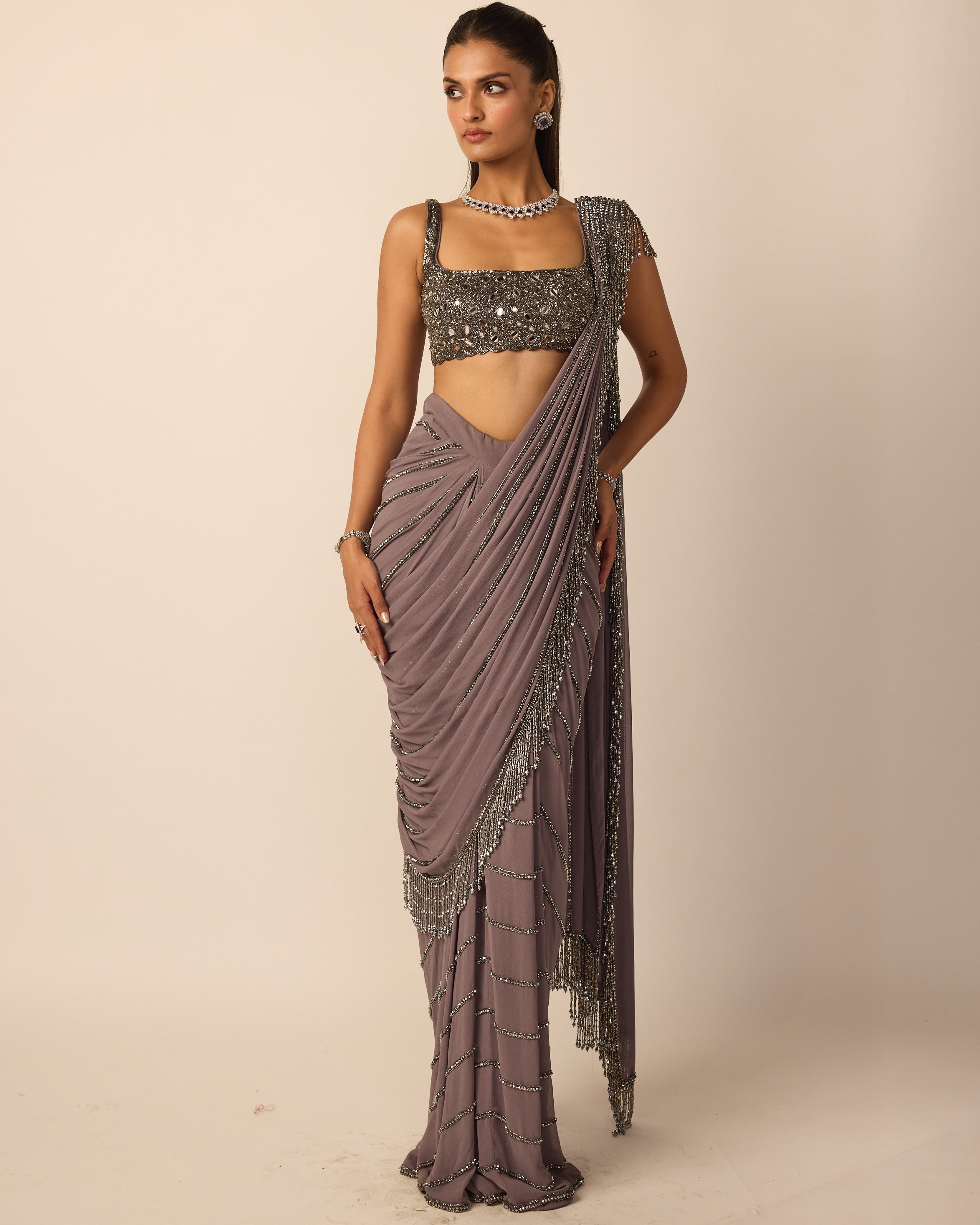 Metallic Grey Linear Draped Sari