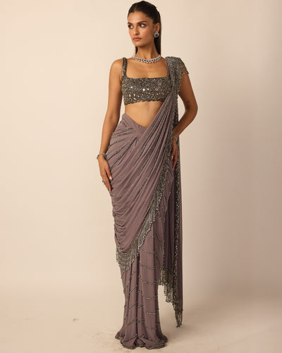 Metallic Grey Linear Draped Sari