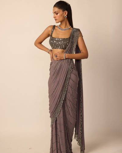 Metallic Grey Linear Draped Sari