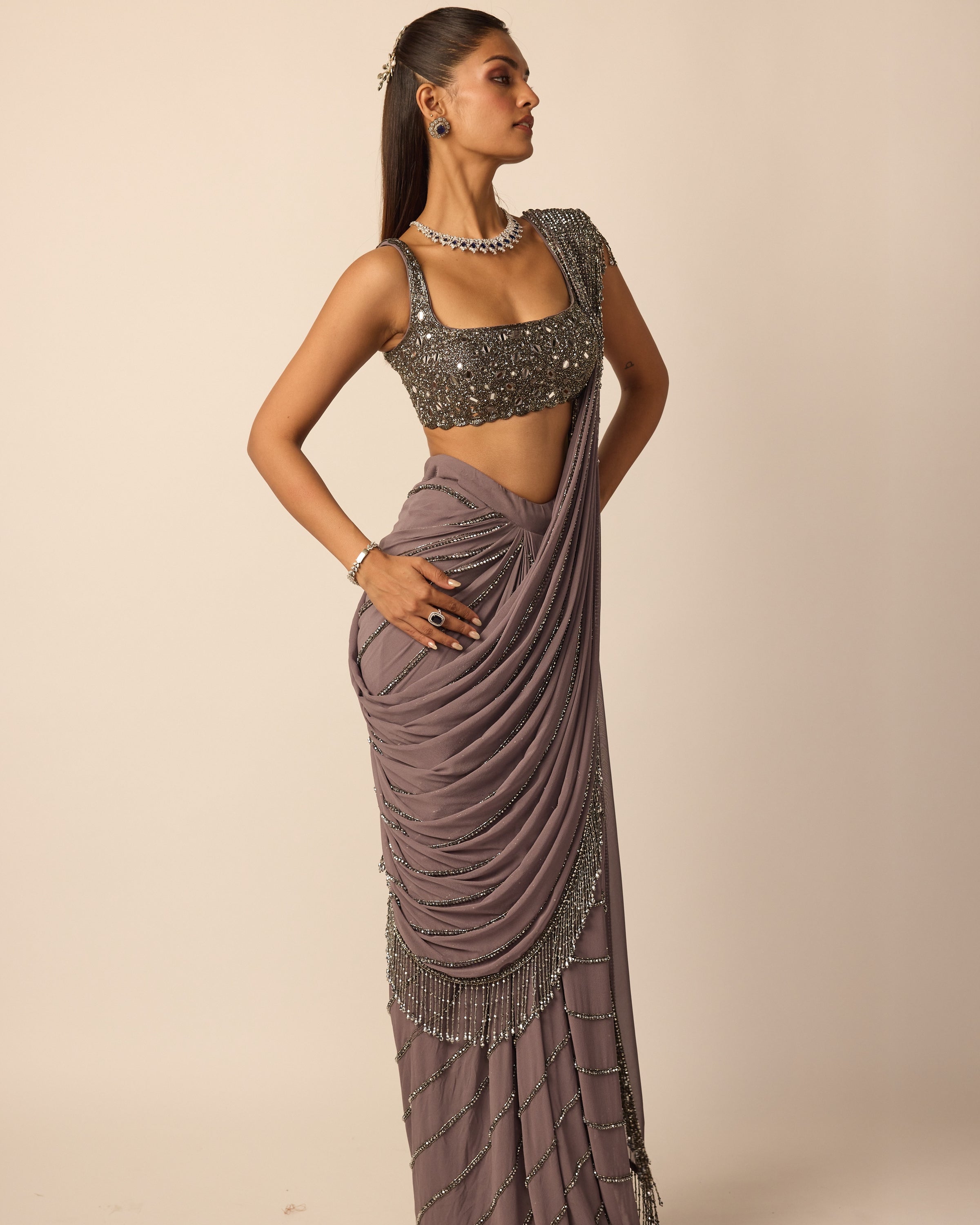 Metallic Grey Linear Draped Sari