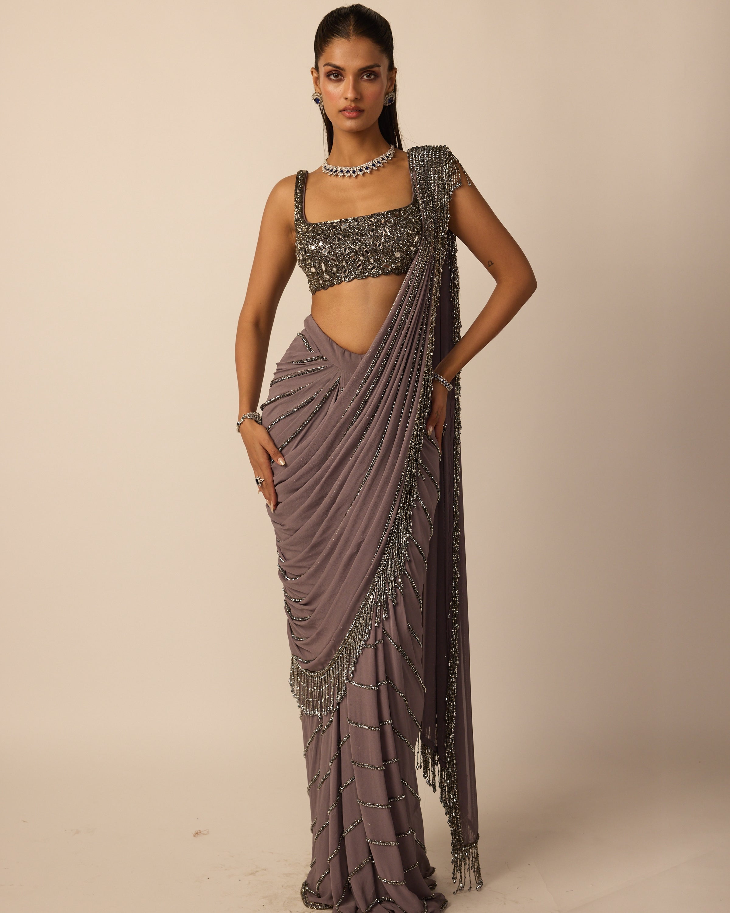 Metallic Grey Linear Draped Sari