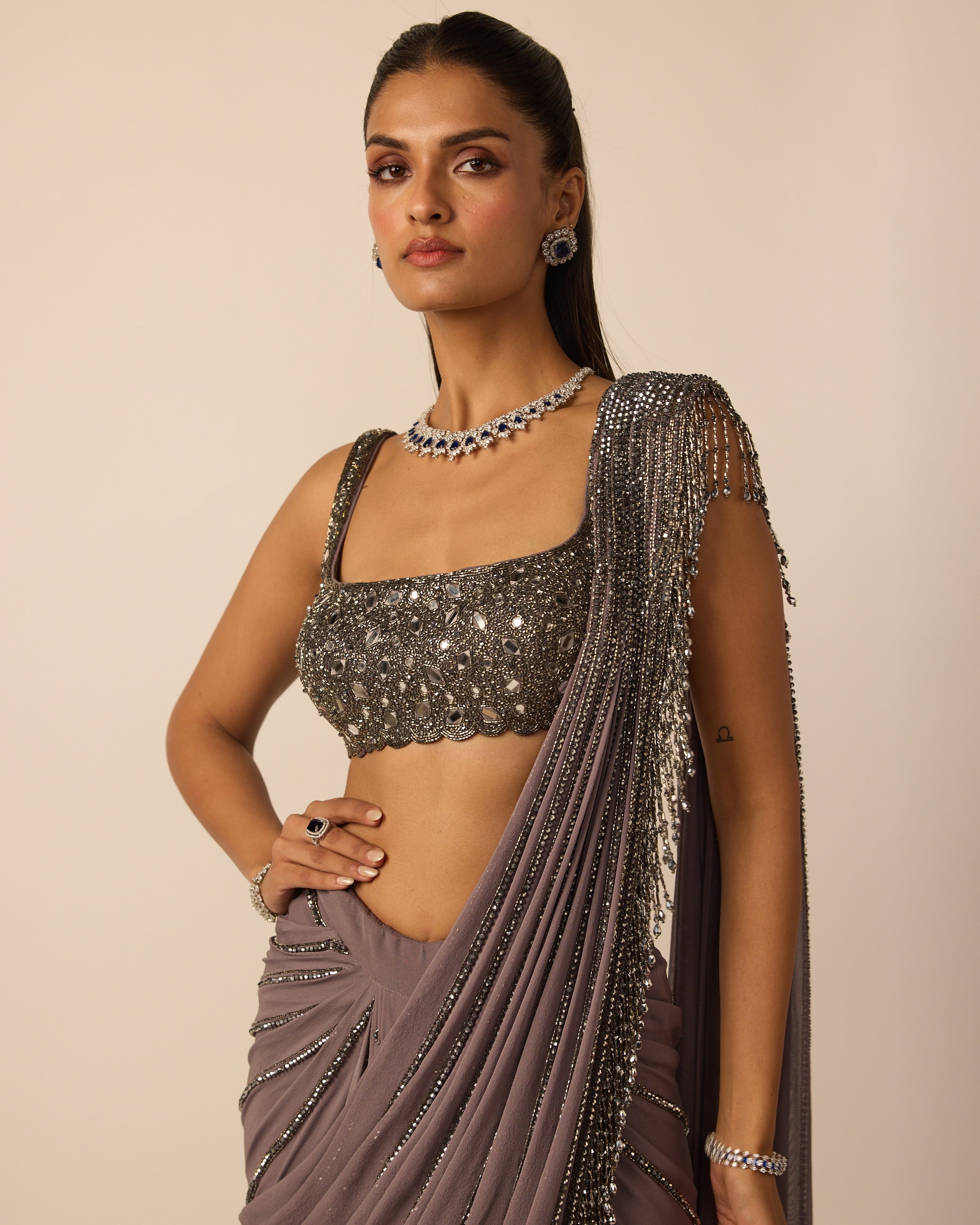 Metallic Grey Linear Draped Sari