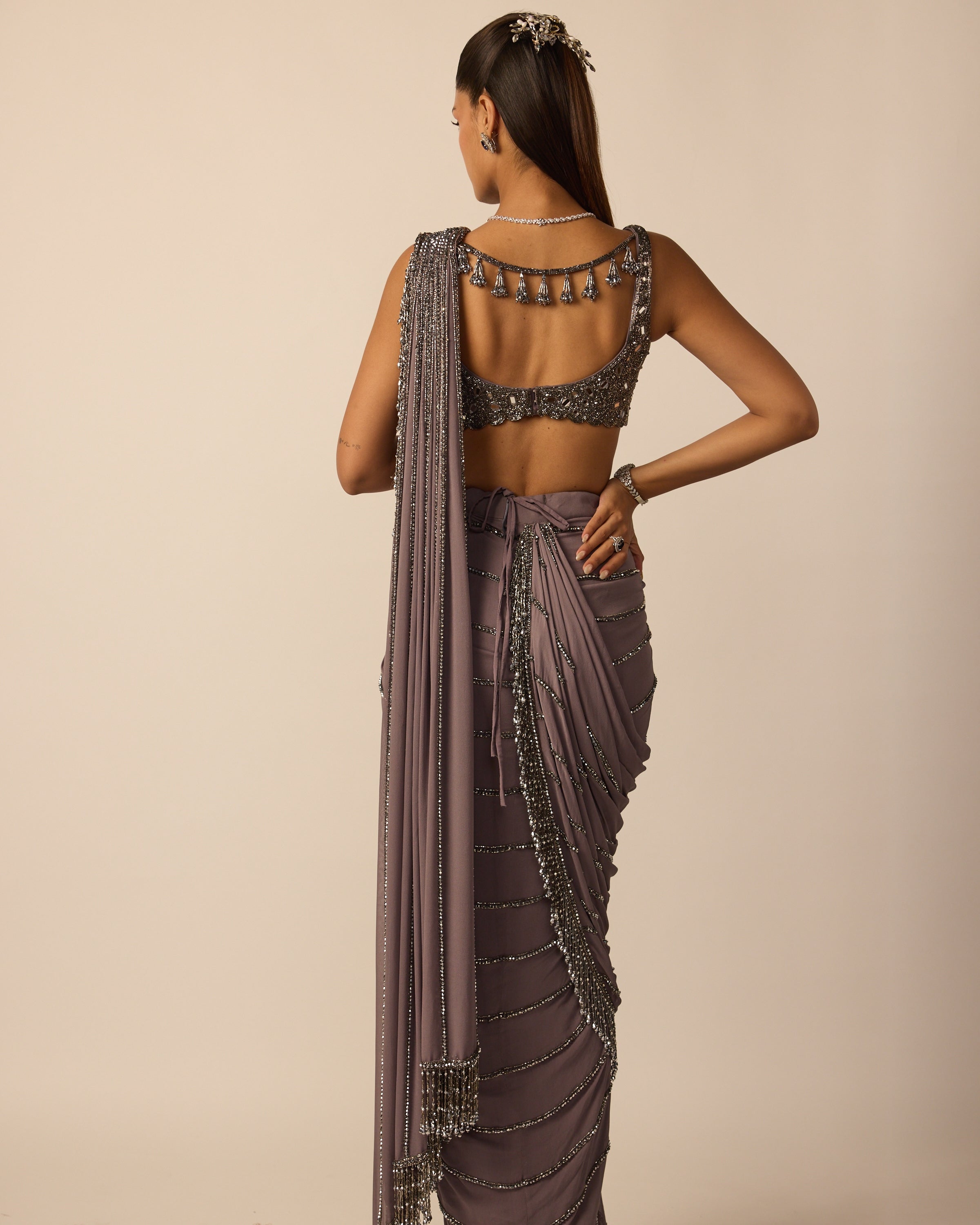 Metallic Grey Linear Draped Sari