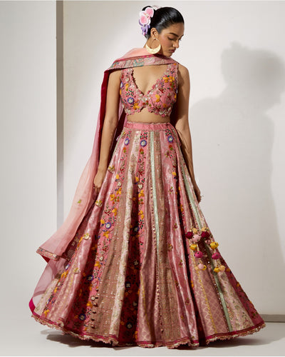 Rose Pink Embroidered Lehenga Set With Organza Dupatta
