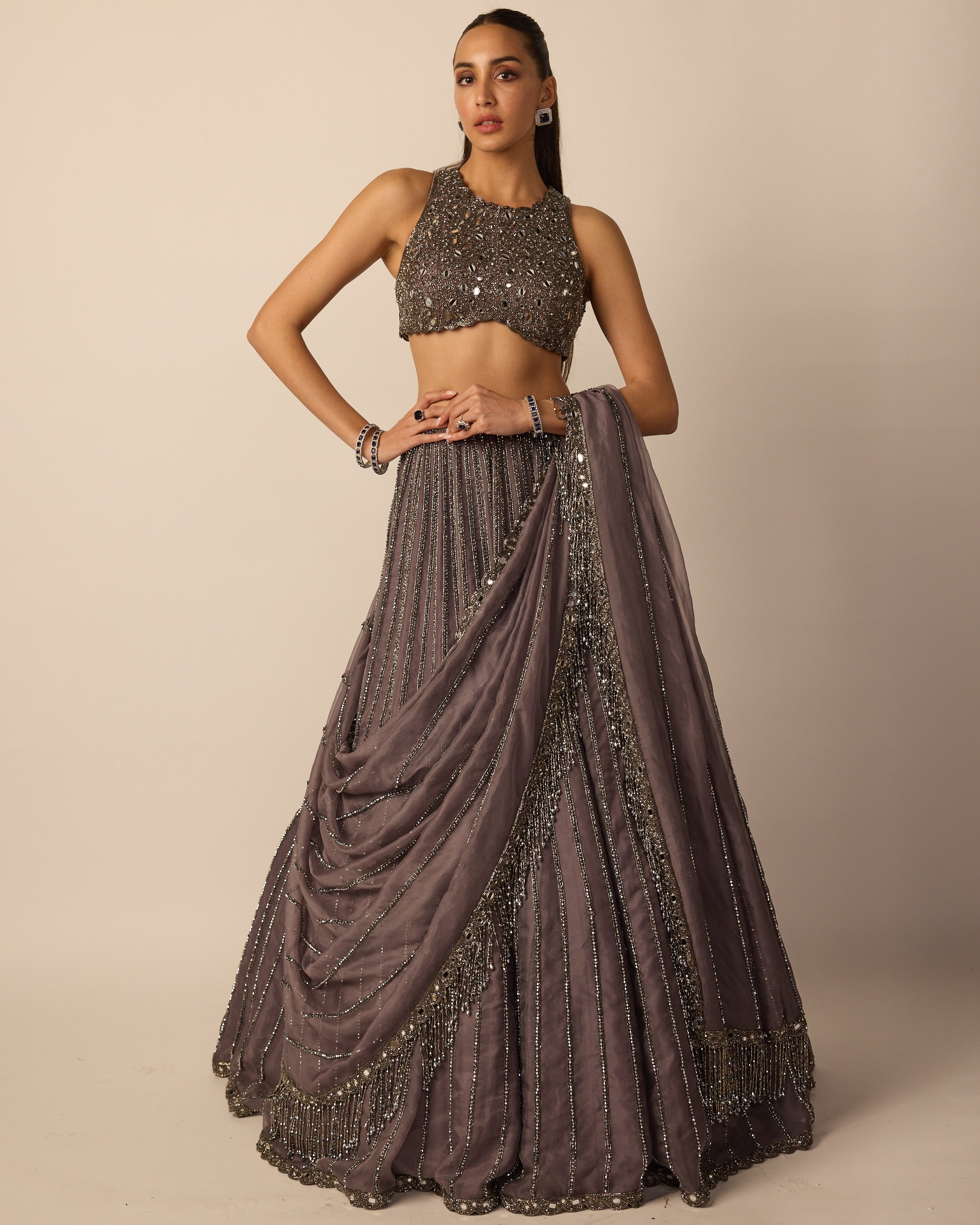 Metallic Grey Linear Lehenga Set