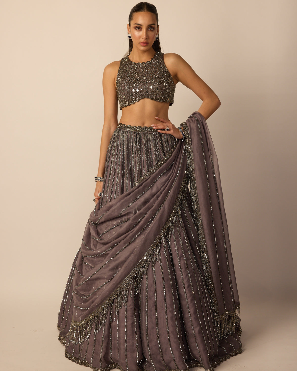 Metallic Grey Linear Lehenga Set