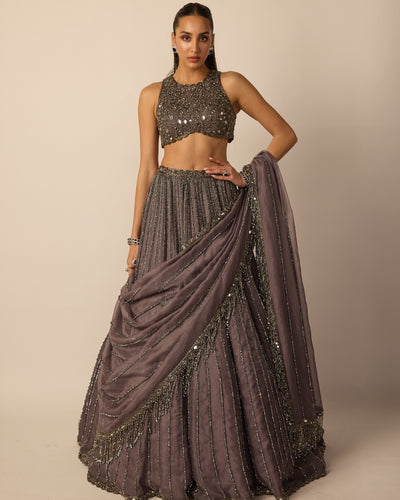 Metallic Grey Linear Lehenga Set