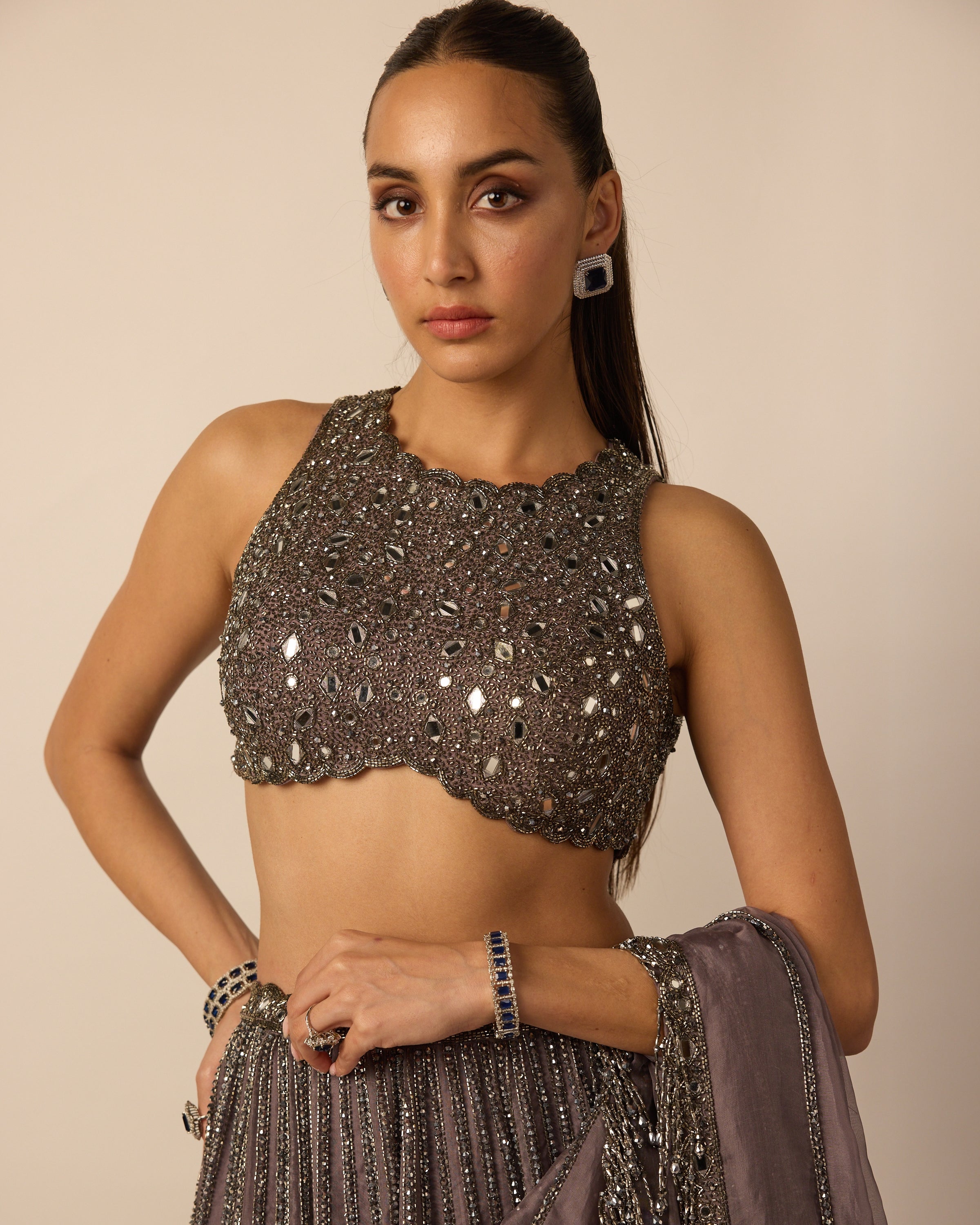 Metallic Grey Linear Lehenga Set