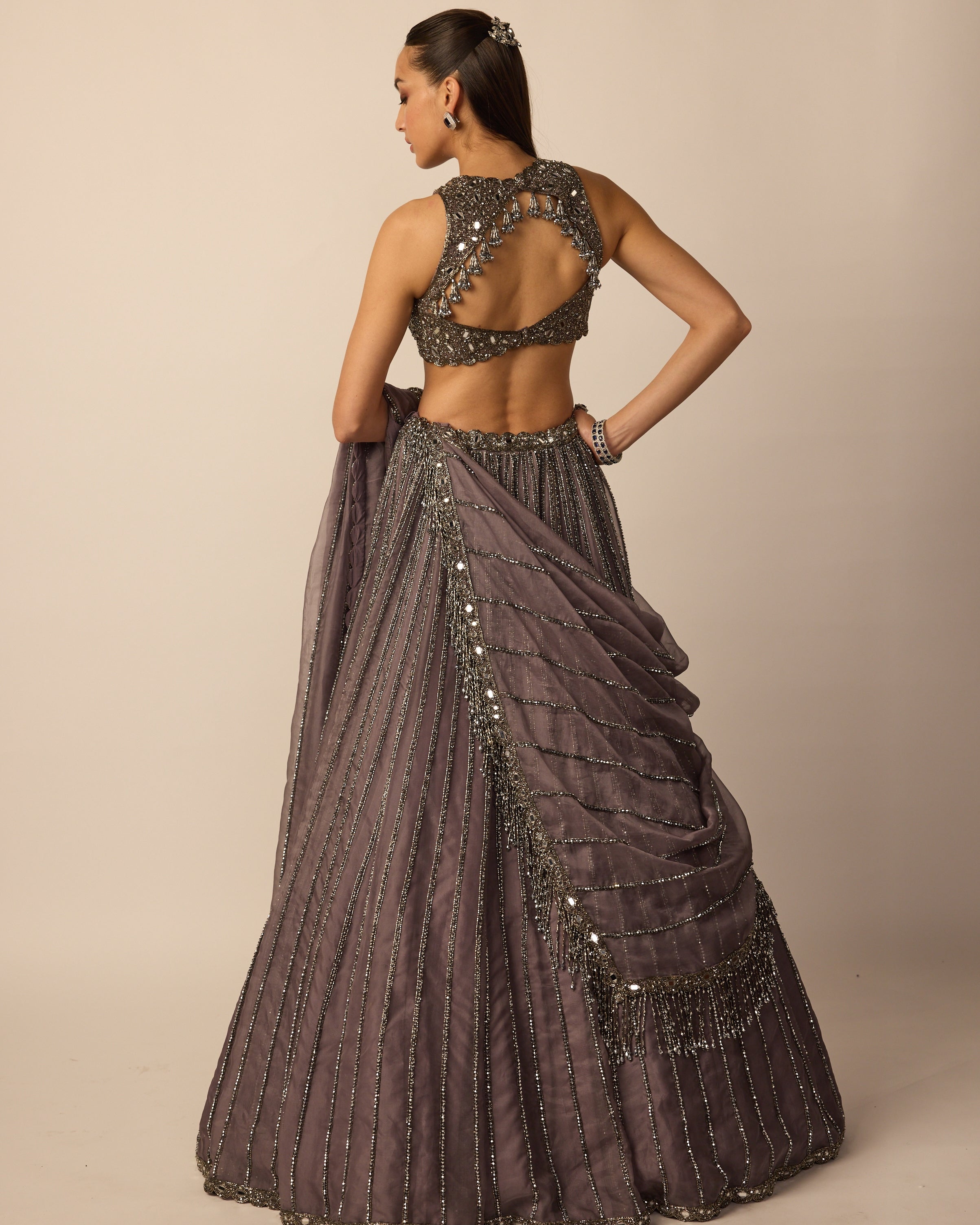 Metallic Grey Linear Lehenga Set