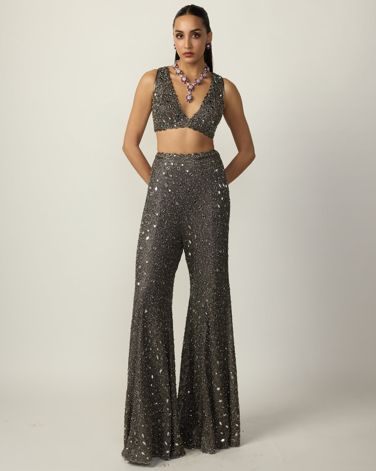 Metallic Grey Blouse Sharara Pant Set