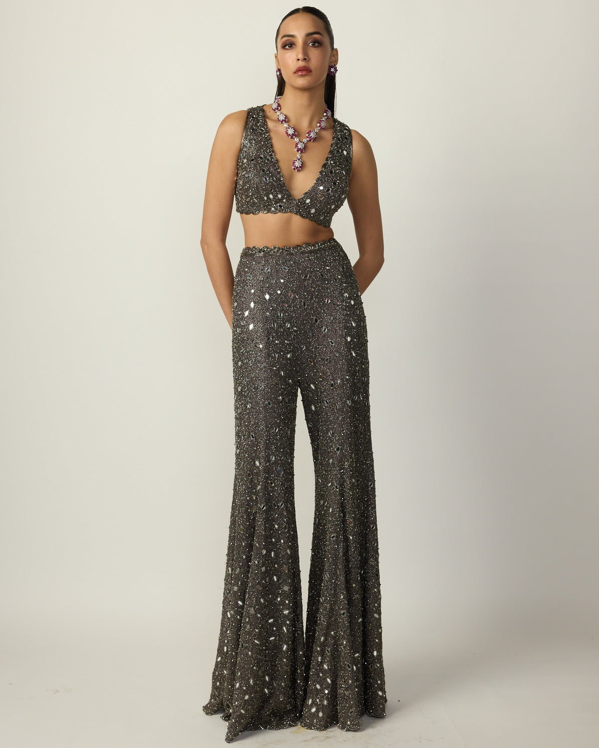Metallic Grey Blouse Sharara Pant Set