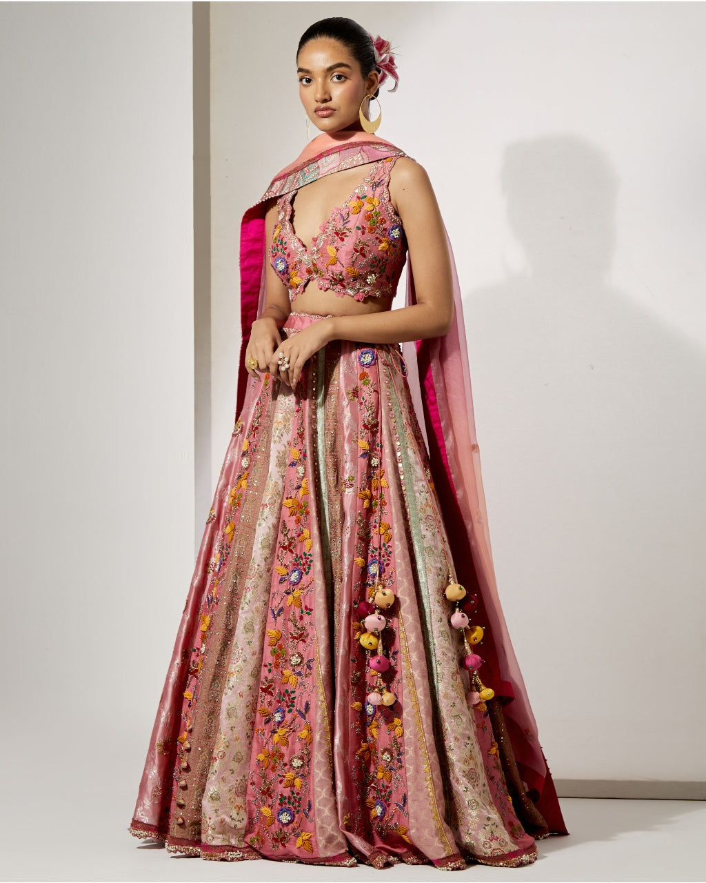 Rose Pink Embroidered Lehenga Set With Organza Dupatta