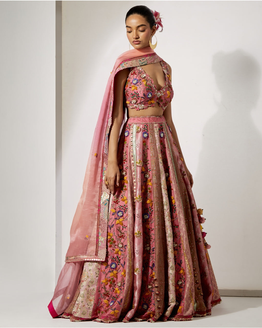 Rose Pink Embroidered Lehenga Set With Organza Dupatta