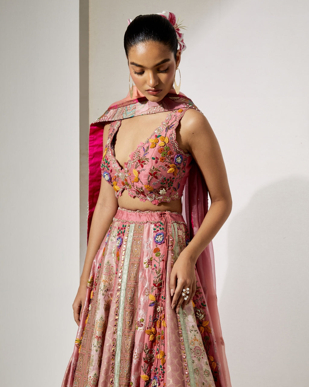 Rose Pink Embroidered Lehenga Set With Organza Dupatta