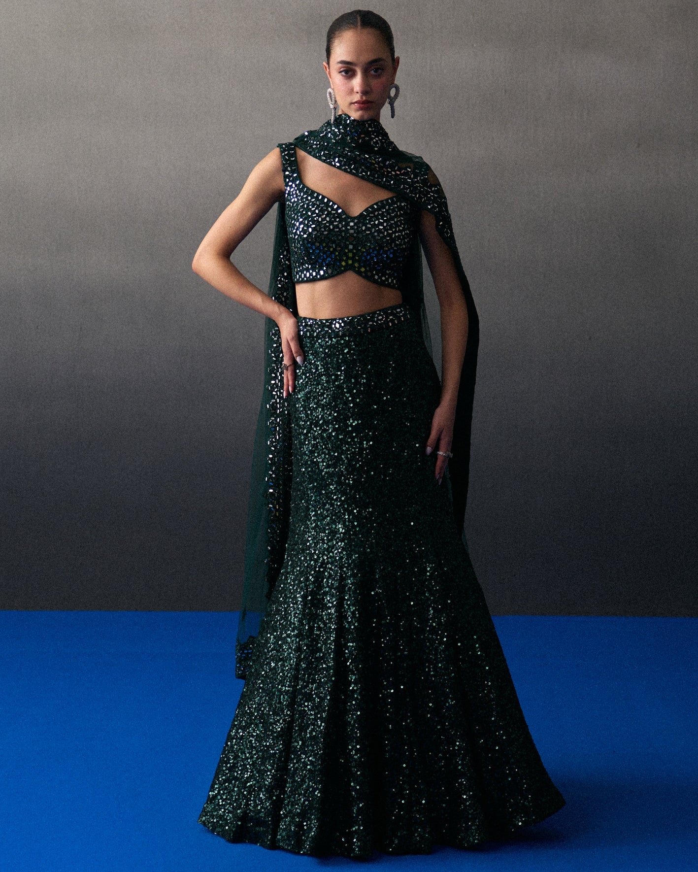 Green Sequins Georgette Skirt Set