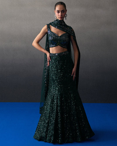 Green Sequins Georgette Skirt Set